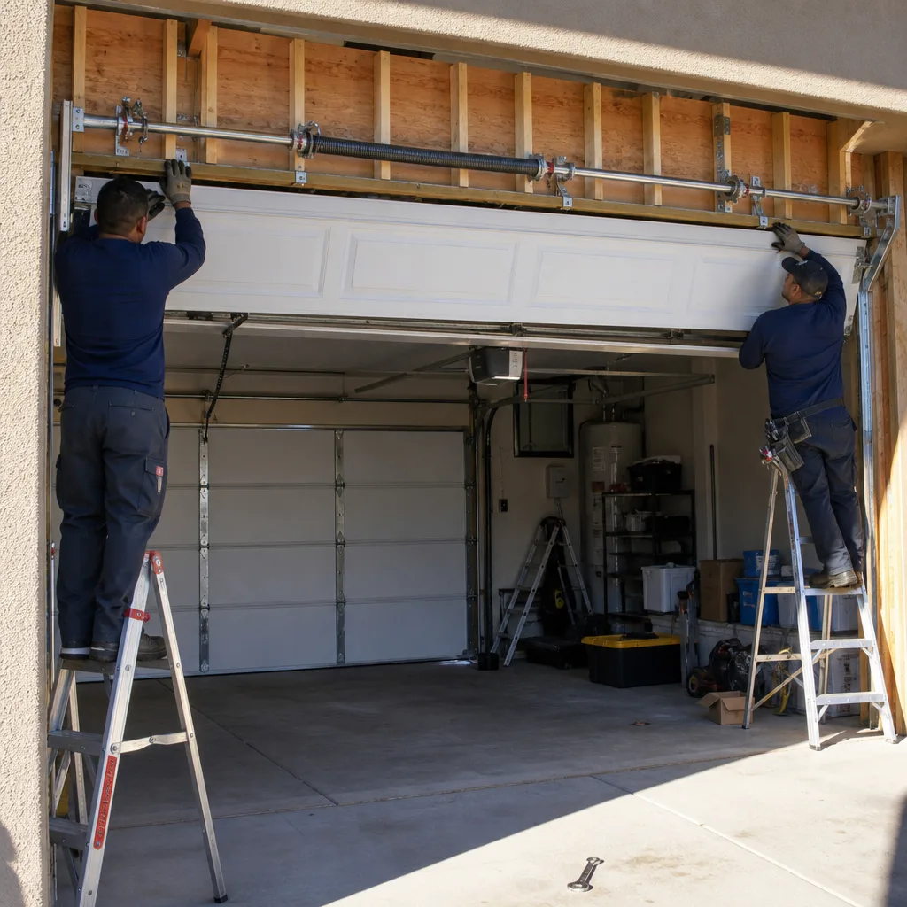 Two professional technicians performing a residential garage door panel installation