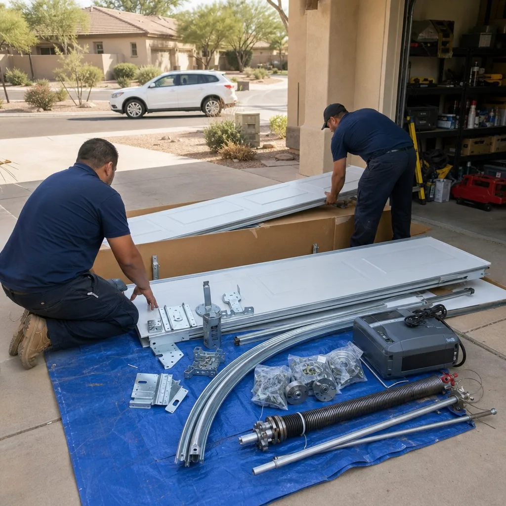Professional technicians preparing garage door panels and installation hardware