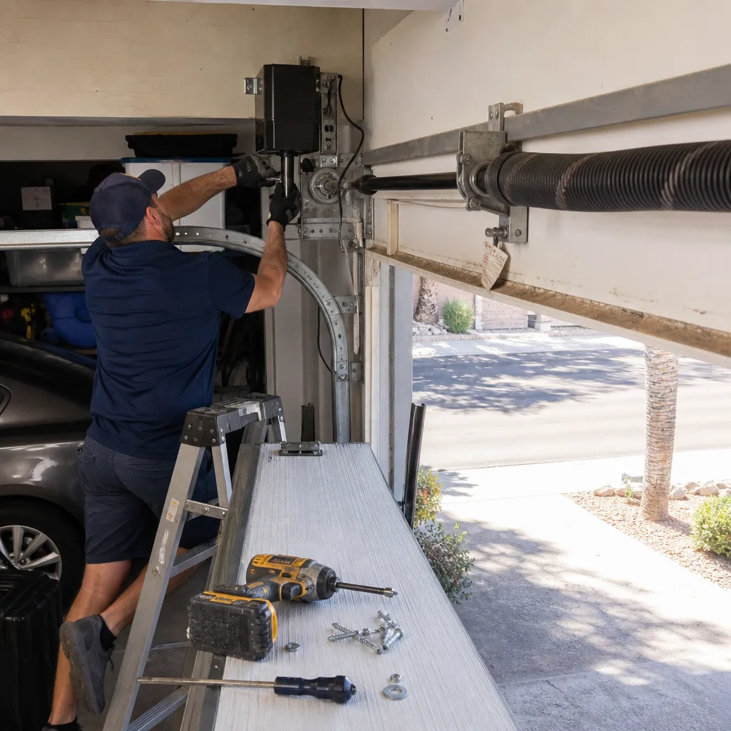 Technician performing professional garage door opener repair and installation
