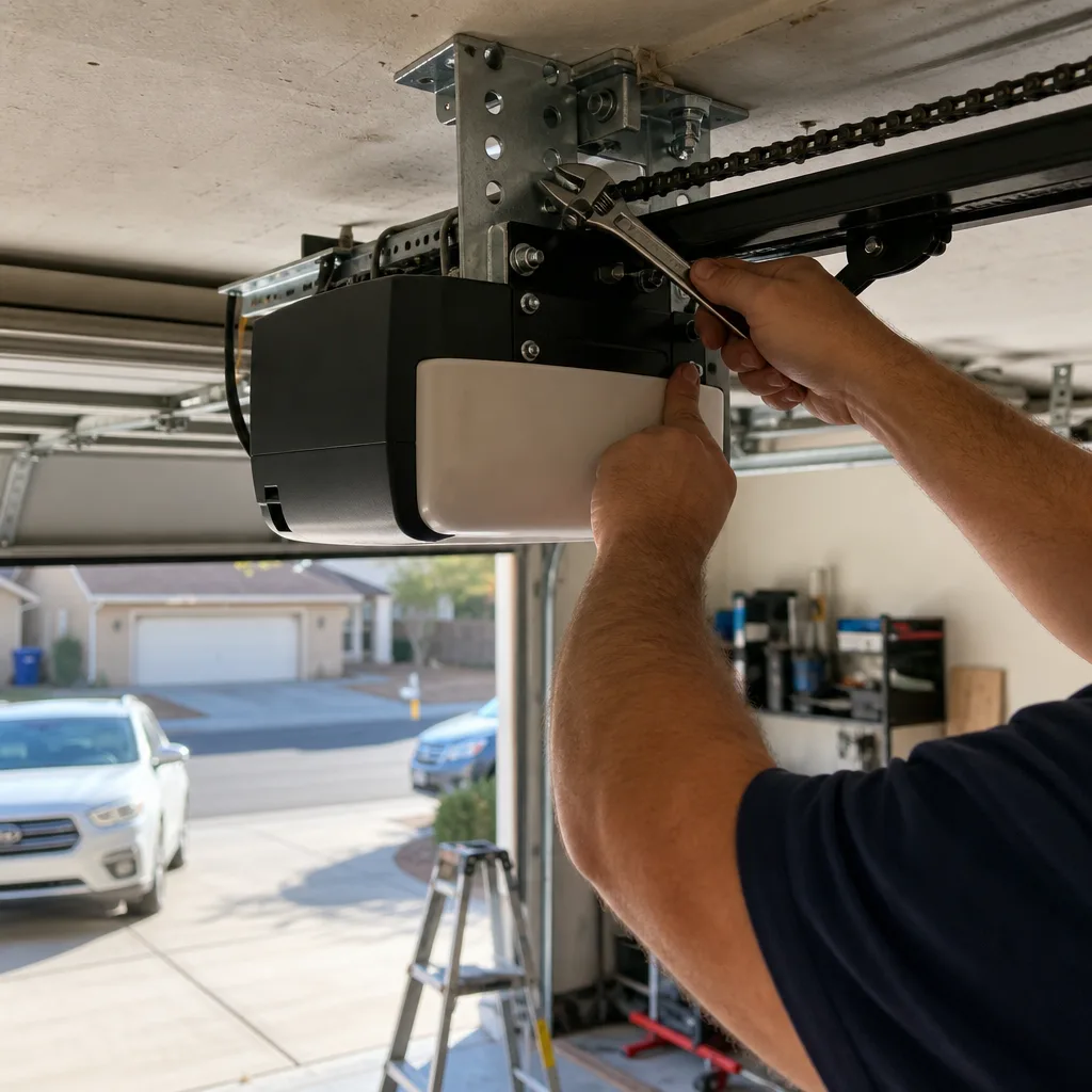 Technician performing professional garage door opener repair and installation