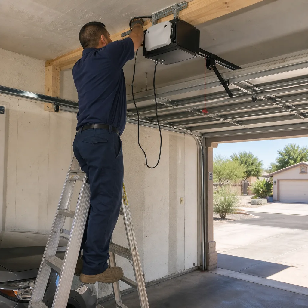 Technician performing professional garage door opener repair and installation on a ceiling