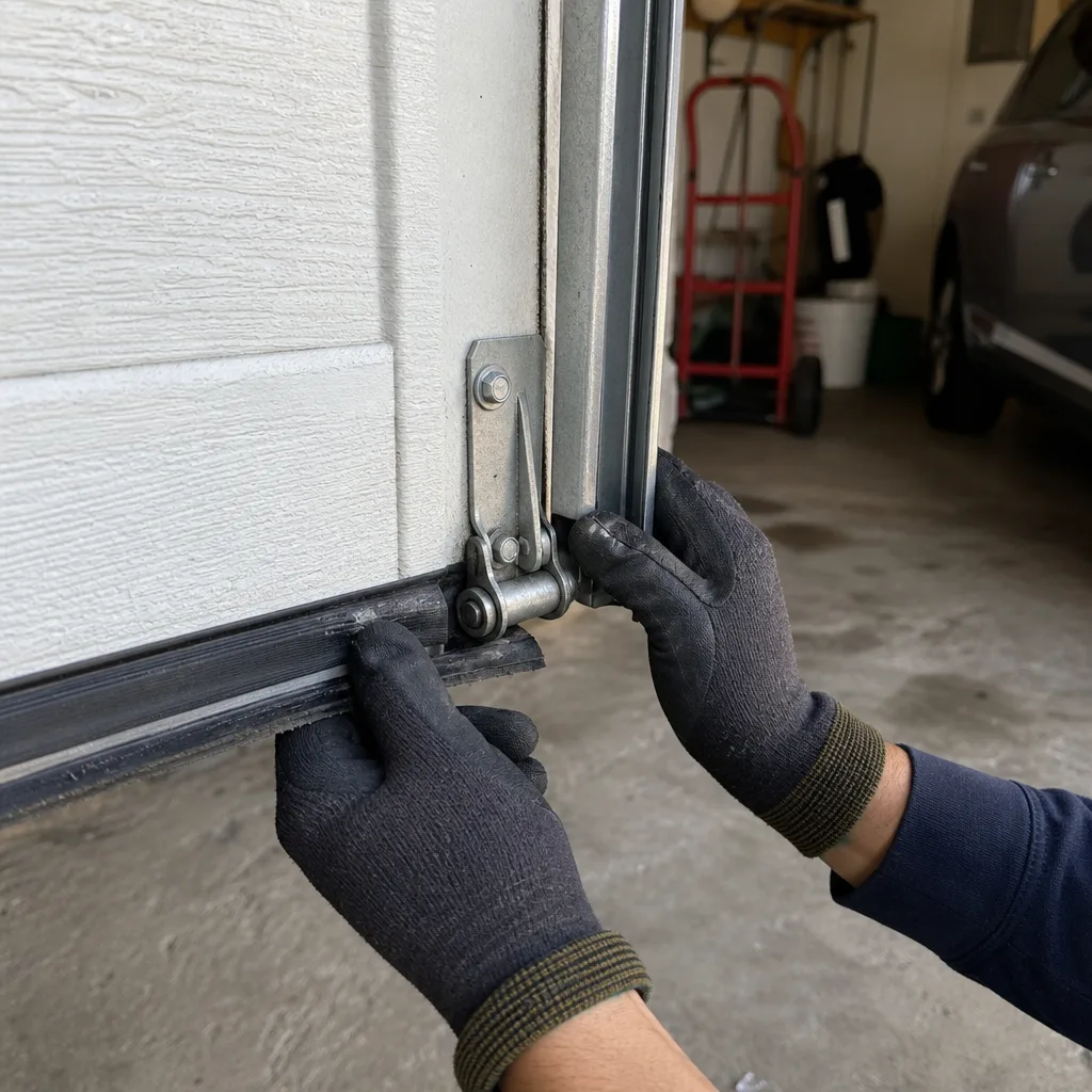 Professional repairing garage door bottom seal and hinge mechanism